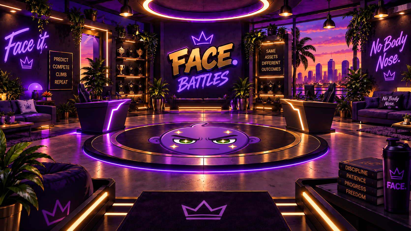 FACE Battles arena with opposing podiums, a central battle floor and Locked-In FACE artwork