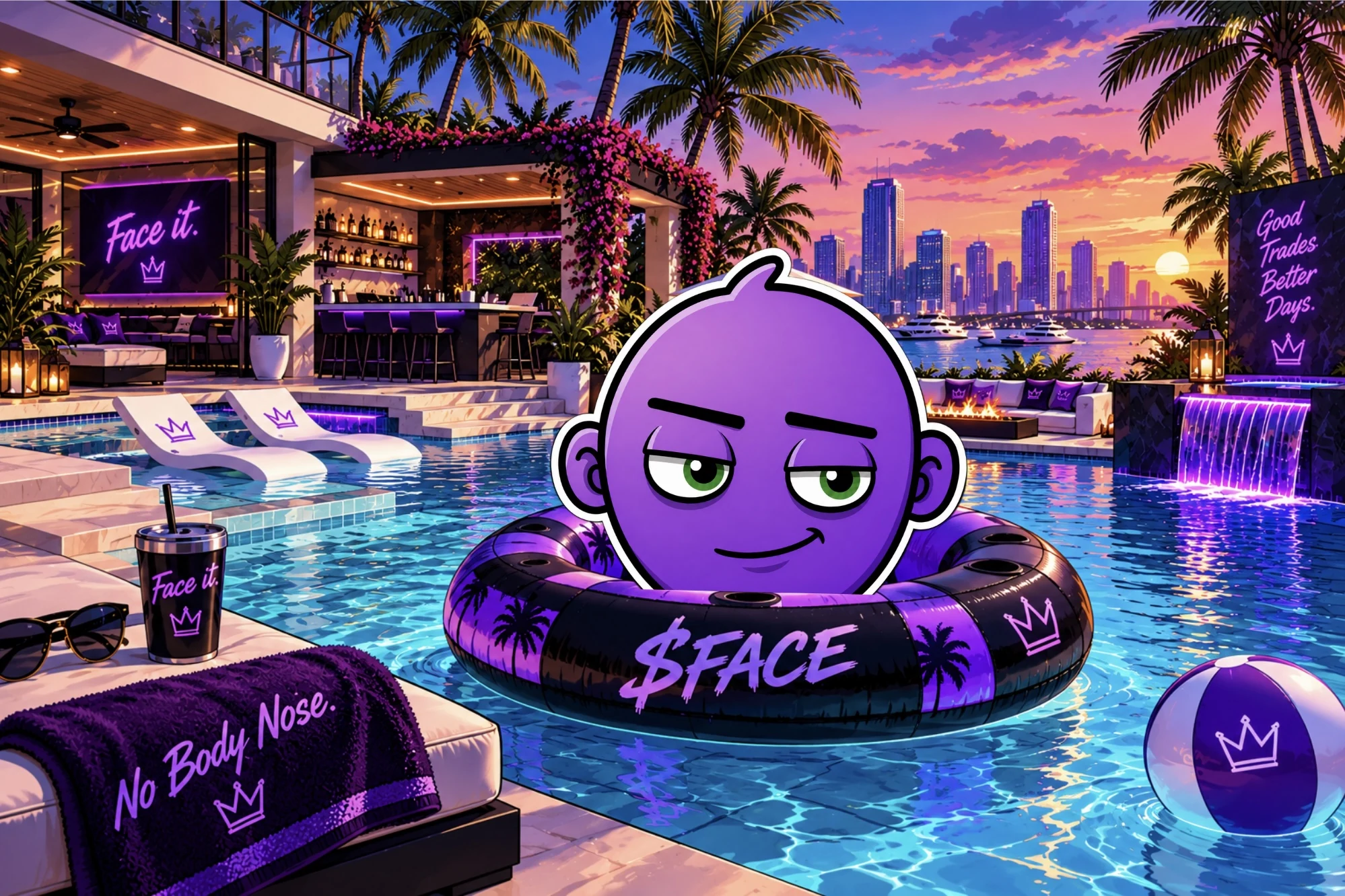 FACE floating in a pool ring in a sunset backyard pool scene